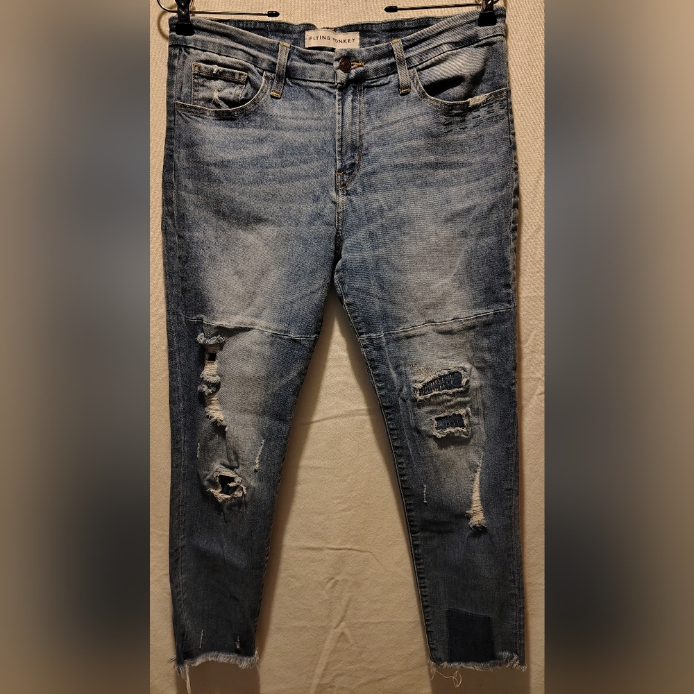 Flying Monkey Distressed Patchwork Raw Hem Skinny Ankle Stretch Jeans Size 30